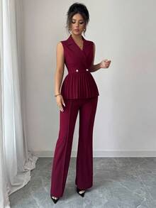 SHEIN PETITE 小巧无袖褶皱腰A字优雅浪漫精致女士西装套装 - 酒紅色 - 查看 4