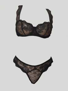 ROMWE Goth Set di lingerie con reggiseno con ferretto e perizoma in pizzo gotico, sexy e accattivante