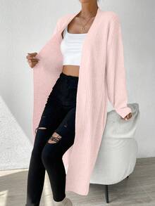 SHEIN LUNE Women's V-Neck Ribbed Lantern Sleeve Wool Blend Cardigan, Pink - Pink - View 6