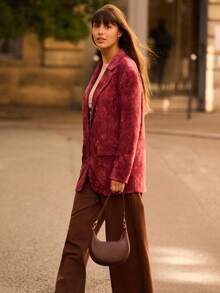 lacRébo Blazer holgado y texturizado de color borgoña con flores, con bolsillos delanteros, para mujer en otoño e invierno - Rojo - Ver 4