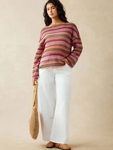 孕妇休闲条纹圆领宽松T恤，秋季 - 彩色 - 查看 6
