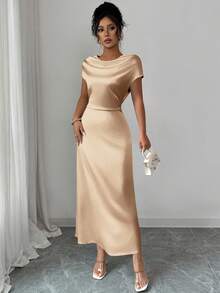 Rafferiza Rochie elegantă pentru femei, cu guler înalt, din satin, cu mânecă scurtă și nod, pentru întâlniri/navetă