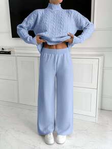 EURMUSE Women High Neck Sweater And Maxi Sweater Skirt 2 Two Pieces Set Co-Ords - Baby Blue - View 5