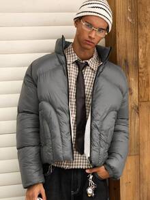 SWAVVY Men's Solid Color Zip-Up Casual Short Winter Jacket - Black - View 1
