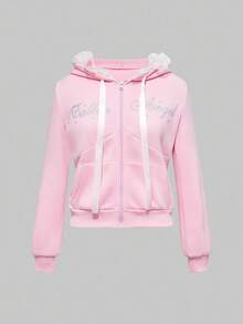 ROMWE Kawaii Women's Cute Glitter Text Bow Ribbon Hat With Wings & White Cake Skirt 2 Pieces Set, Autumn/Winter - Pink - View 4