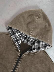 PAVTROS 男士纯色复古时尚长袖拉链休闲连帽卫衣，秋季款 - 咖啡棕 - 查看 5