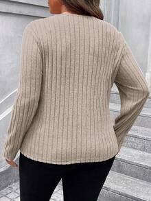 SHEIN LUNE Plus Size Women's Striped Casual Textured Crew Neck Long Sleeve T-Shirt Fall - Khaki - View 2