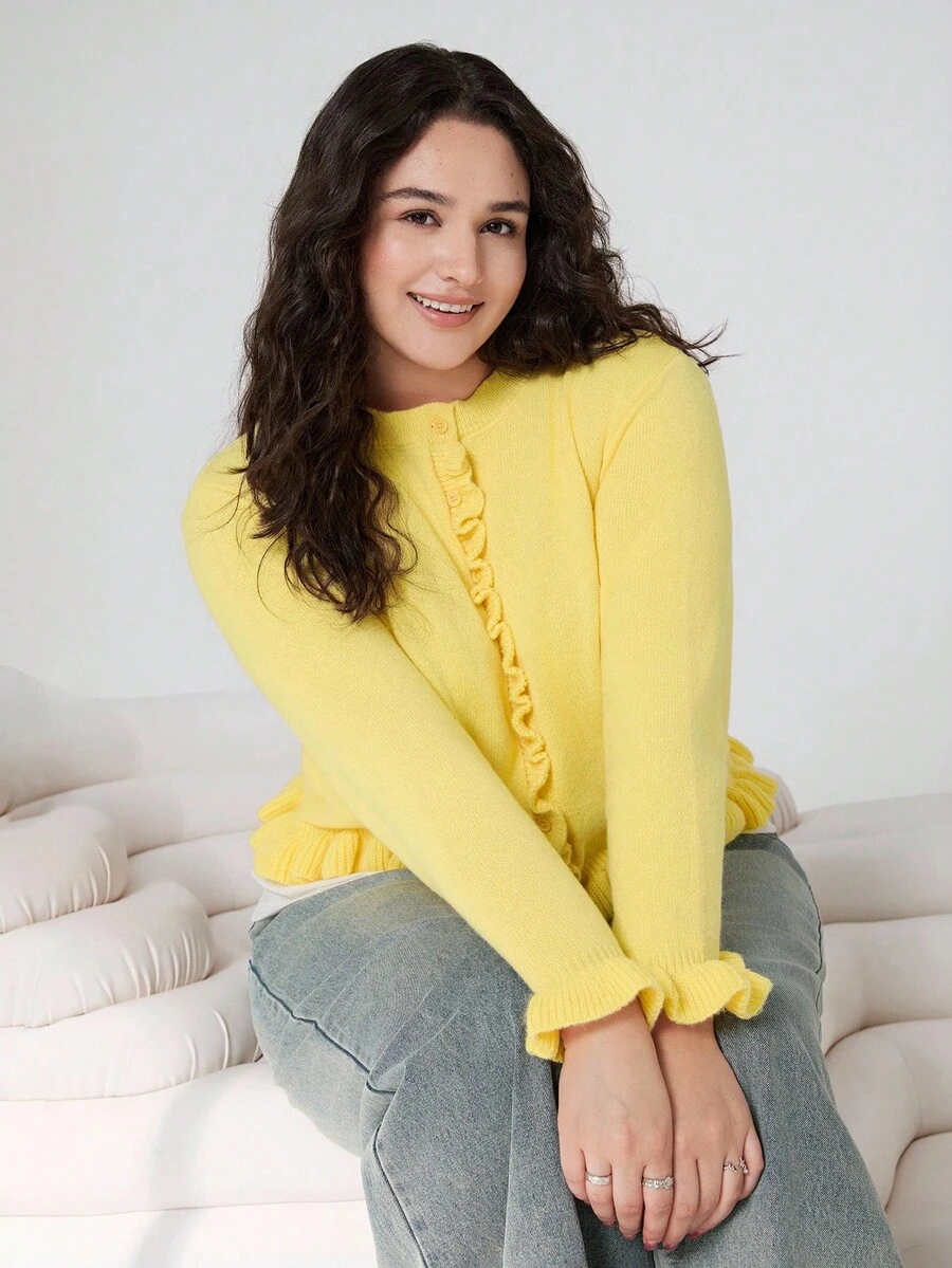 Solflare Cárdigan de talla grande de color liso con volantes, informal para otoño/invierno - Amarillo Mostaza - Ver 1