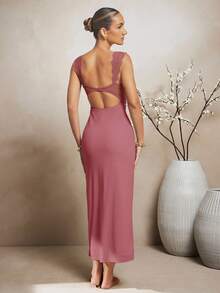 L'Amorae Váy Maxi Không Tay Cắt Lưới Ren Thanh Lịch - Red Plum - Xem 2