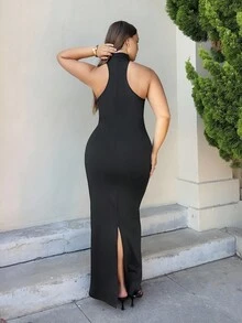 Nezia Cruz 女士优雅性感金属扣装饰镂空修身黑色针织弹力连衣裙 - 黑色 - 查看 2