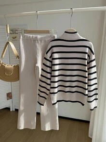 SHEIN Sparklyn 2 件套青少年女童毛衣套装，简约撞色高领毛衣和裤子，条纹宽松针织套头毛衣和裤子，适合 2025 年秋季新品