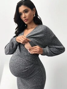 MaterniWear 孕妇纯色重叠V领落肩长袖罗纹修身优雅哺乳连衣裙 - 灰色 - 查看 6