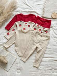 SHEIN Conjunto de 6 piezas de top con estampado de fresa y dobladillo curvo + pantalones de unicolor estampado, conjunto de ropa casual y versátil linda para niña bebé en otoño - Multicolor - Ver 2