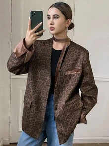 Livesso Blazer holgado de terciopelo con estampado de leopardo para mujer, atuendo de negocios de otoño - Café integral - Ver 3