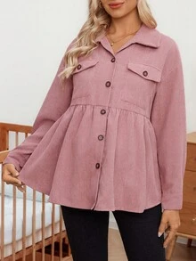 SHEIN Maternity Fashionable Minimalist Solid Color Corduroy Jacket - Dusty Pink - View 3