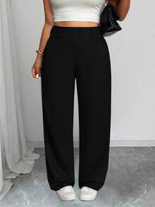 SHEIN PETITE CURVE 大码纯色口袋休闲百搭阔腿裤 - 黑色 - 查看 8