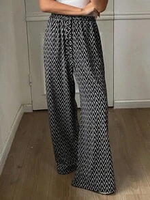 DAZY Women's Elastic Waist Loose Straight Herringbone Street Casual Pants