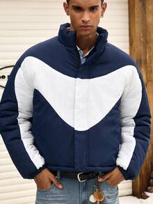 SWAVVY Men's Contrast Color Zipper Front Casual Loose Winter Jacket - Blue and White - View 5
