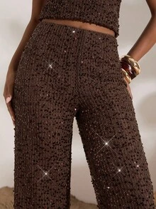 Opulessa Quần ống rộng màu nâu trơn sequin đơn giản, giản dị dành cho nữ mùa đông thu cổ điển, quần đi chơi, trang nhã, gợi cảm cho đêm tiệc dành cho phụ nữ, dành cho phụ nữ Giáng sinh, khách dự tiệc sang trọng, phong cách năm mới theo phong cách Boho, tiệc sang trọng, buổi tối sang trọng dành cho phụ nữ - màu nâu - Xem 3