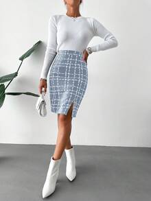 EURMUSE Plaid Pattern Split Hem Tweed Skirt - White - View 3