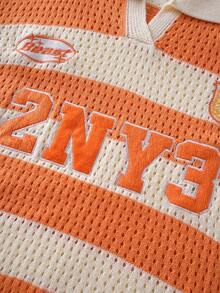 ROMWE MEN Prep 男士学院风条纹字母刺绣毛衣，适合情人节、秋冬季穿着，长袖上衣 - 橘色 - 查看 4