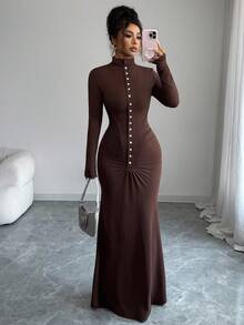 Rafferiza Women's Elegant Pleated Knit Stand Collar Long Dress, Brown, Autumn/Winter - Brown - View 1