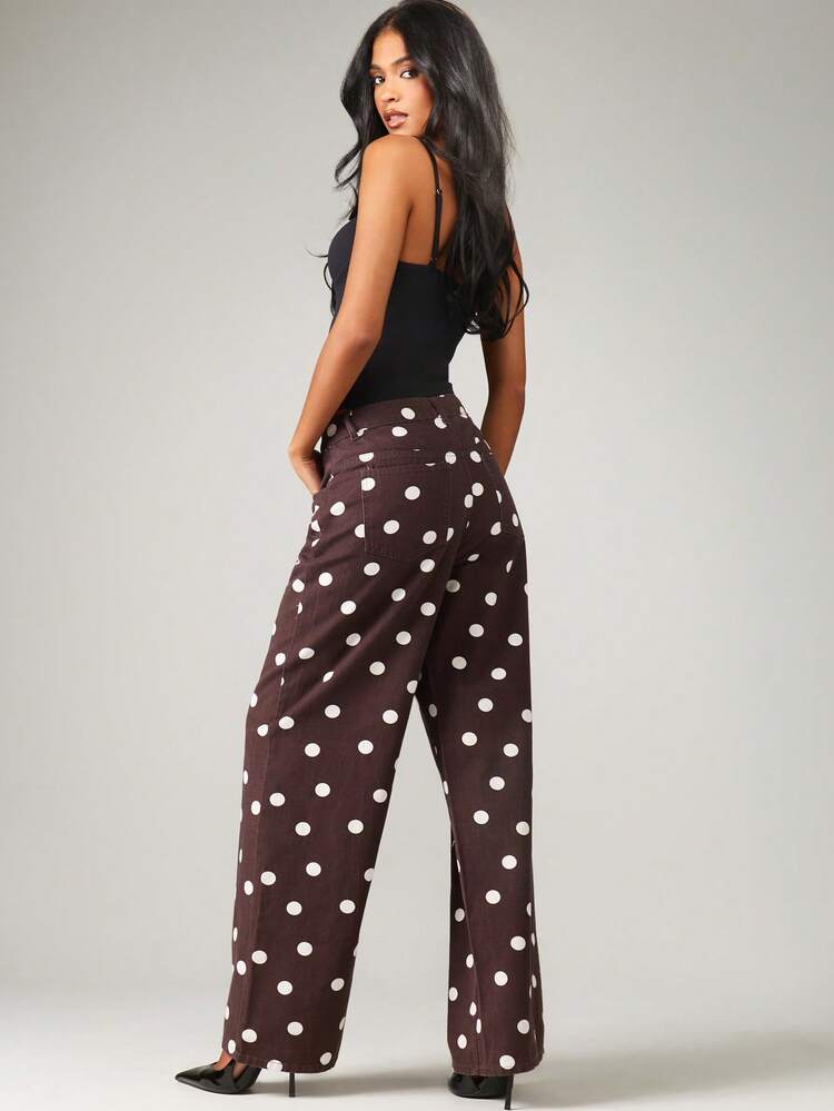 MISSGUIDED Wide Leg Polka Dot Print Pants High Rise Brown White Party Evening Occasion Statement Fashion Wide Flare Pants