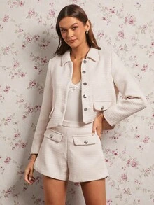 Enchnt Fall/Winter Romantic Women's Elegant Apricot Textured Fabric Flap Detail Shorts,Sweet&Elegant&Fashionable For Vacation&Date&Holiday&Birthday&Party&Graduation&Wedding Guest&Office&Going Out,Back To School,Fall Shorts For Women,Autumn Clothes - Beige - View 7