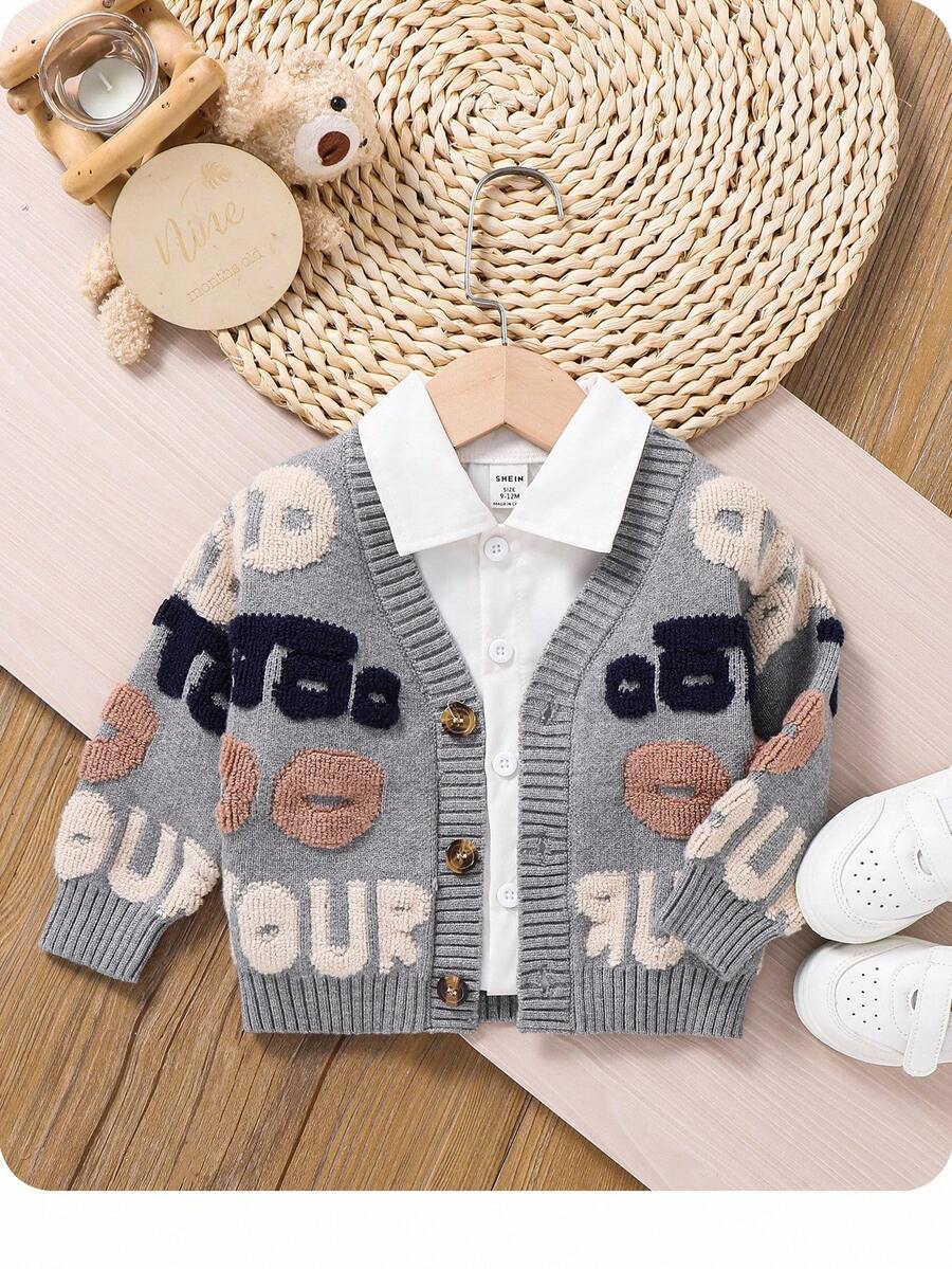 SHEIN Baby Boy/Girl Minimalist Letter Pattern Knit Soft V-Neck Long Sleeve Cardigan Sweater, Casual & Fashionable For Indoor & Outdoor, Autumn/Winter - Light Grey - View 1