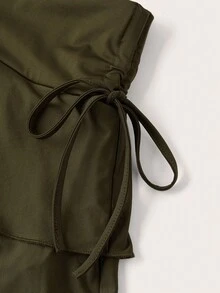 SHEIN PETITE CURVE 抽绳和褶皱细节纯色蛋糕裙 - 軍綠色 - 查看 3