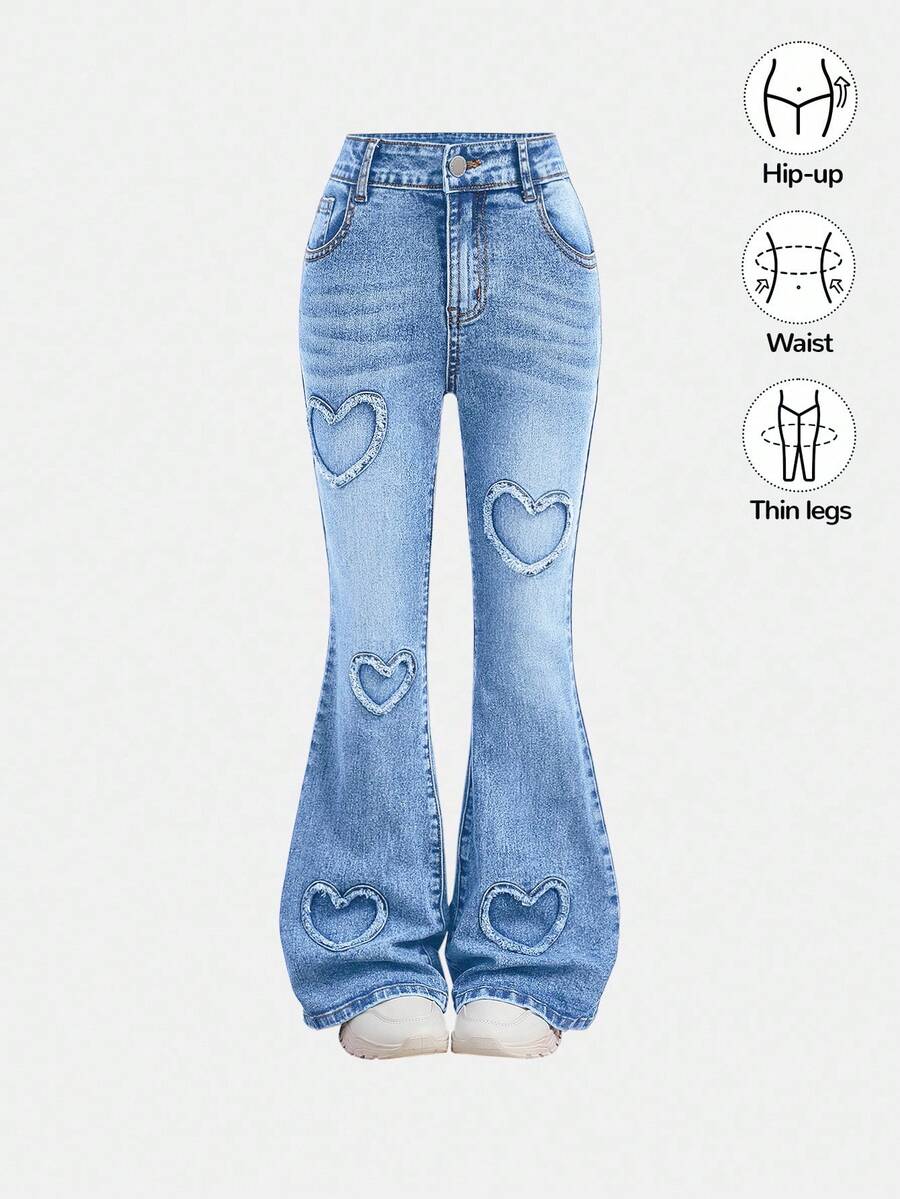 SHEIN Girlism Tween Girl Y2K Fashionable Stonewashed Heart Pattern High Waist Flare Leg Jeans, Fall Streetwear - Dusty Blue - View 1