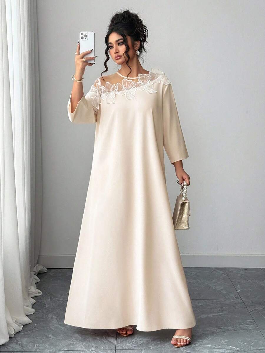 SHEIN Tall Đầm Maxi Dài Tay 3/4 Cổ Tròn Phối Ren Chắp Vá Thời Trang Cho Nữ Thanh Lịch Thường Ngày Bán Chạy Nhất, Thiết Kế Dài, Vải Thoải Mái, Màu Mơ, Cỡ Lớn - Màu be - Xem 1