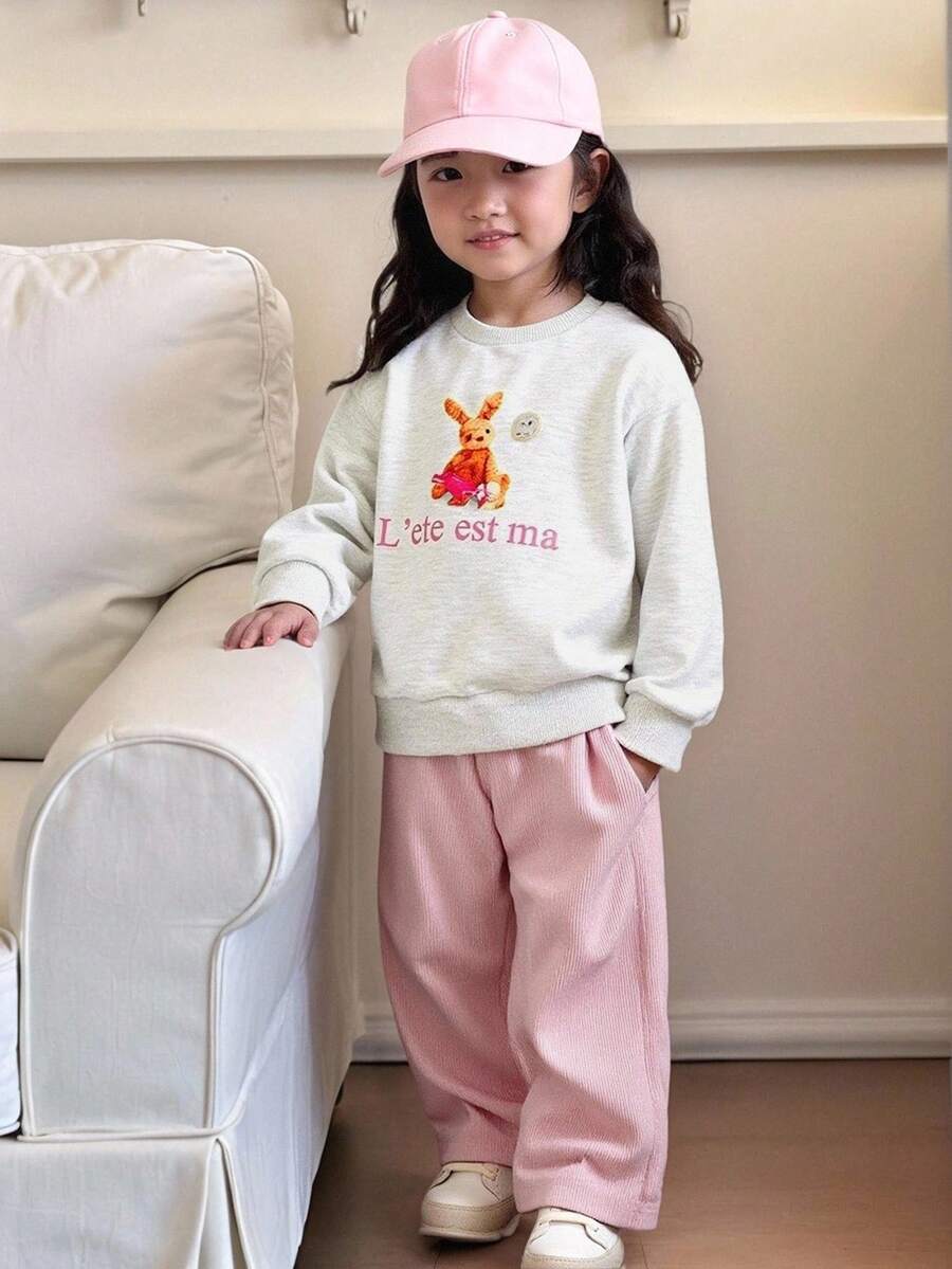 Genkimix Kids Genkimix Young Girl Girls Light Gray Sweatshirt And Pink Corduroy Loose Pants 2-Piece Set, Rabbit Print Design, Cute And Fun Style, Sweetly Casual And Comfortable, Soft Fabric, Suitable For Autumn, Winter, Spring, Suitable For Outings, School, And Casual Daily Wear - Light Grey - View 1