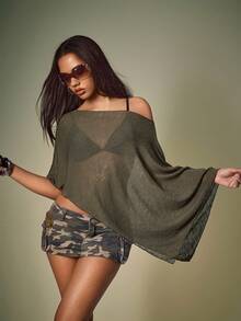 Y2Kool BiGraphic Cubre superior de punto calado en verde oliva, parte superior versátil para mujer con mangas de murciélago, poncho, parte superior de verano, parte superior de punto, camuflaje para mujer, atuendo de tema de la jungla, atuendo de camuflaje para mujer, atuendo de concierto para mujer, ropa casual y elegante, nueva colección, atuendos de Año Nuevo