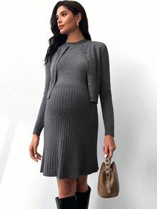 MaterniWear 孕妇休闲通勤开衫和毛衣连衣裙套装，秋冬 - 深灰色 - 查看 9