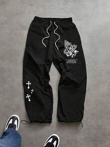 Sport MetroGents Men's Casual Daily Letter & Cross Print Drawstring Waist Sports Pants - Black - View 1