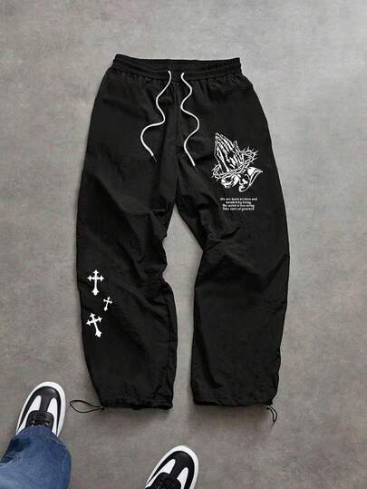 Sport MetroGents 男士休闲日常字母和十字印花抽绳腰运动裤