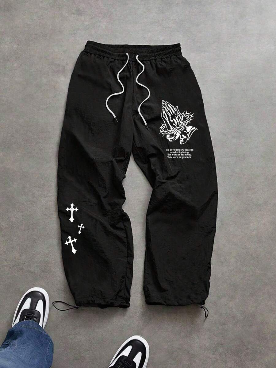 Sport MetroGents Men's Casual Daily Letter & Cross Print Drawstring Waist Sports Pants - Black - View 1
