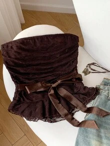 Comfortcana Women's Y2K Knotted Lace Bandeau Top Strapless Ruffled Top,Brown Top - Brown - View 6