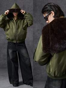 LYSMO X NEON BLANC Collab 2025 New Arrival Minimalist Fall/Winter Women's Fashionable Fur Collar Hooded Jacket, Autumn/Winter Bomber Jacket Women Women Jackets Outerwear Women Crop Jackets For Women Jacket Y2k,Christmas - Army Green - View 10