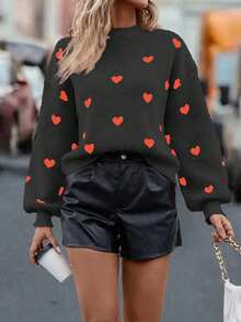 EMERY ROSE Suéter holgado de manga larga con estampado de corazón, casual para mujer, otoño/invierno - Negro - Ver 4