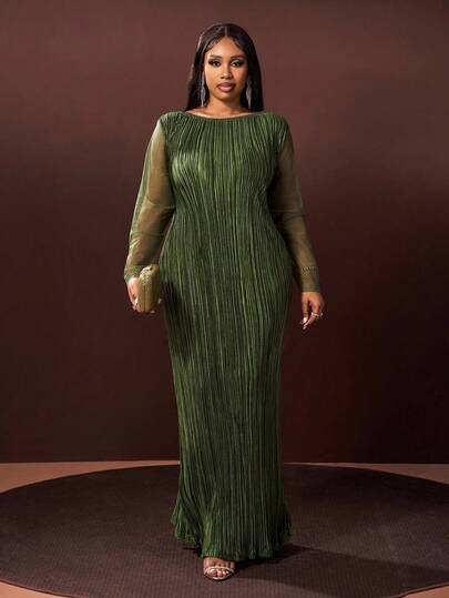 Veslaya 2025 Höst/Vinter Nyheter, Elegant & Fest & Dejt & Kväll & Examen & Födelsedag & Bröllopssäsong, Ledig Enfärgad Grön, Mesh Splice Långärmad A-linje Plisserad Maxiklänning, Plus Size - A