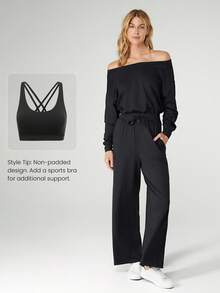 GLOWMODE Mono de pierna ancha de uso diario y casual con hombros descubiertos, cintura ajustable con cordón y efecto peek-a-boo, de tela tipo nube