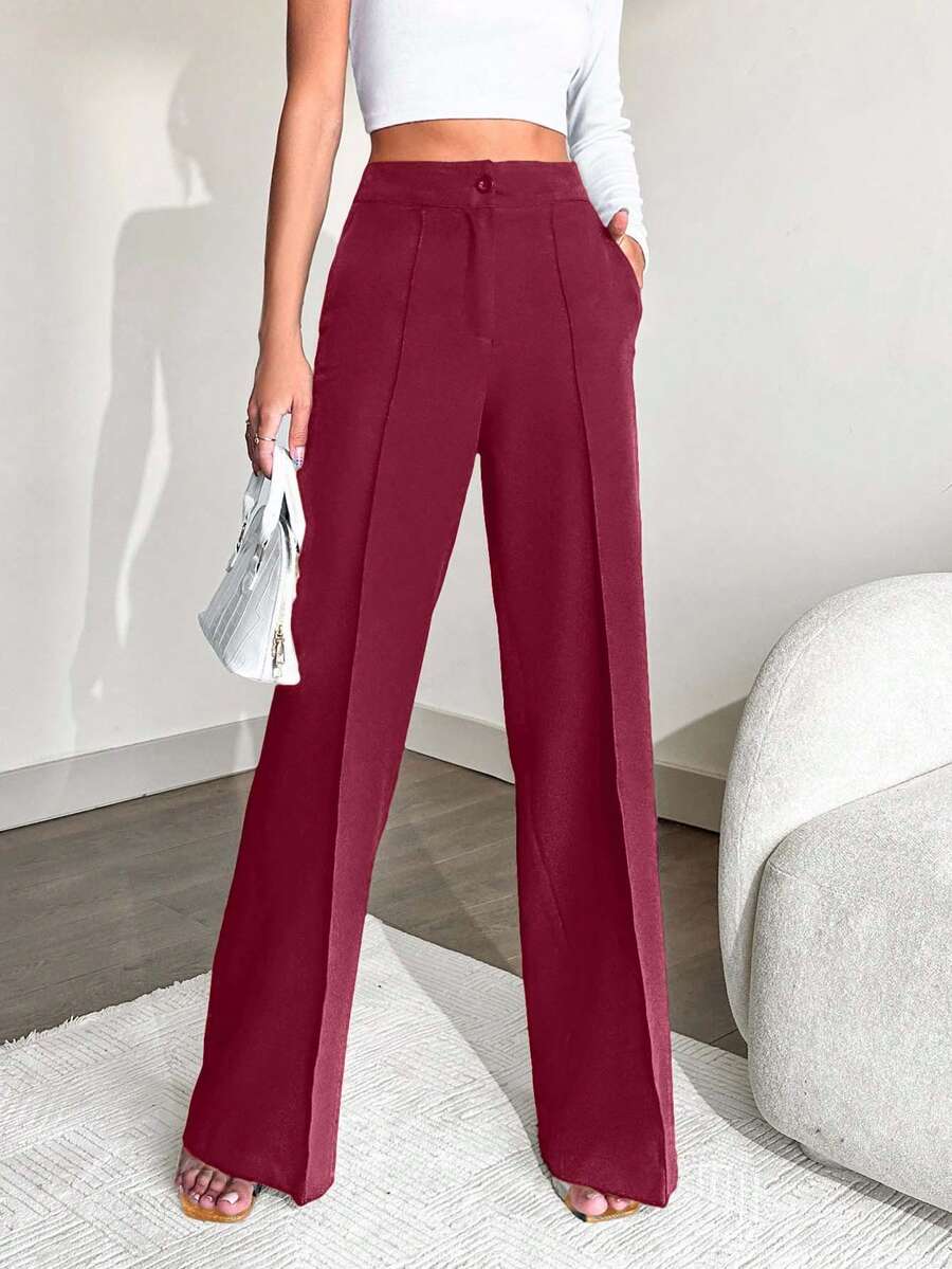 EURMUSE Women's Solid Color High Waist Pocket Toothpick Stripe Design Straight Leg Casual Pants - Burgundy - View 1