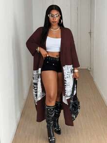 Maweii 大码女式薄款开衫夹克，长款花卉印花拼接，宽松休闲外套，3/4 袖，秋冬 - 酒紅色 - 查看 3