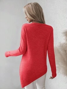 EMERY ROSE 秋冬休闲纯色不对称下摆毛衣 - 紅色 - 查看 2