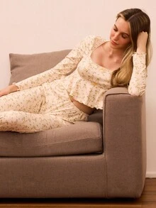 lacRébo Cream Floral Loungewear Set Featuring A Long-Sleeve Top With Ruffles And Bow Details, Paired With Flared Pants Fall Women Clothes Spring Summer - Multicolor - View 5