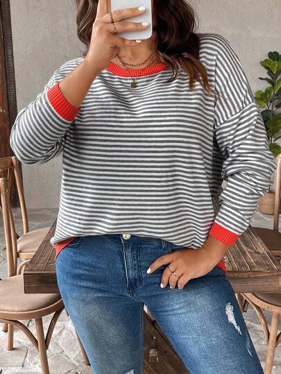 SHEIN LUNE Plus Size Black & White Striped Sweater With Color Block Collar And Pullover Design Halloween In Fall/Winter
