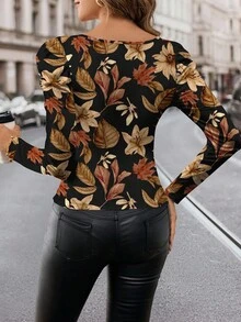 SHEIN Clasi 女士秋冬长袖方领T恤，休闲乡村落叶印花 - 彩色 - 查看 2