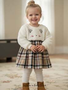 Cozy Pixies 女宝宝卡通猫咪图案圆领长袖收腰蓬松格子拼接连衣裙 - 卡其色 - 查看 1